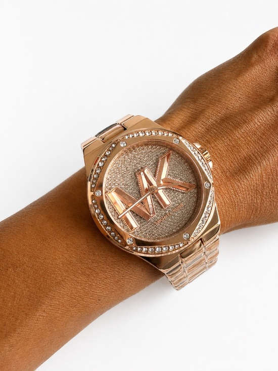 BRAND NEW Michael Kors Lennox Pavé Logo Rose Gold Watch MK7230